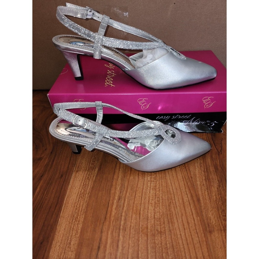 Easy Street Finesse Silver Satin Glitter Slingback Heels Womens 8M 31-7667